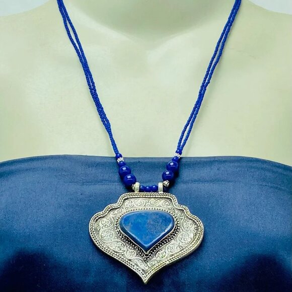 Lapis Lazuli Beaded Chain Pendant Necklace, Striking Blue Stone Pendant, Gemston - Picture 1 of 12